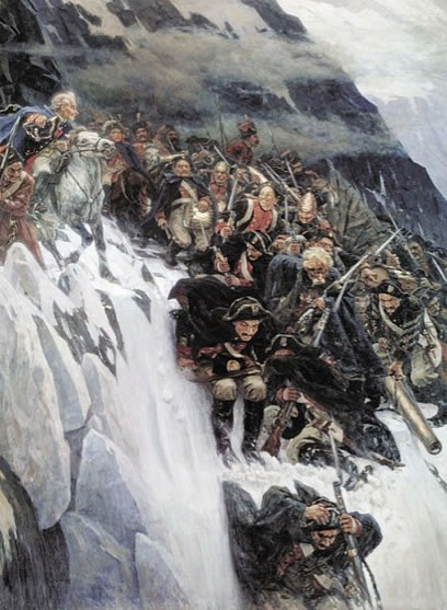 69letý Alexander Suvorov vede svou armádu přes Alpy.